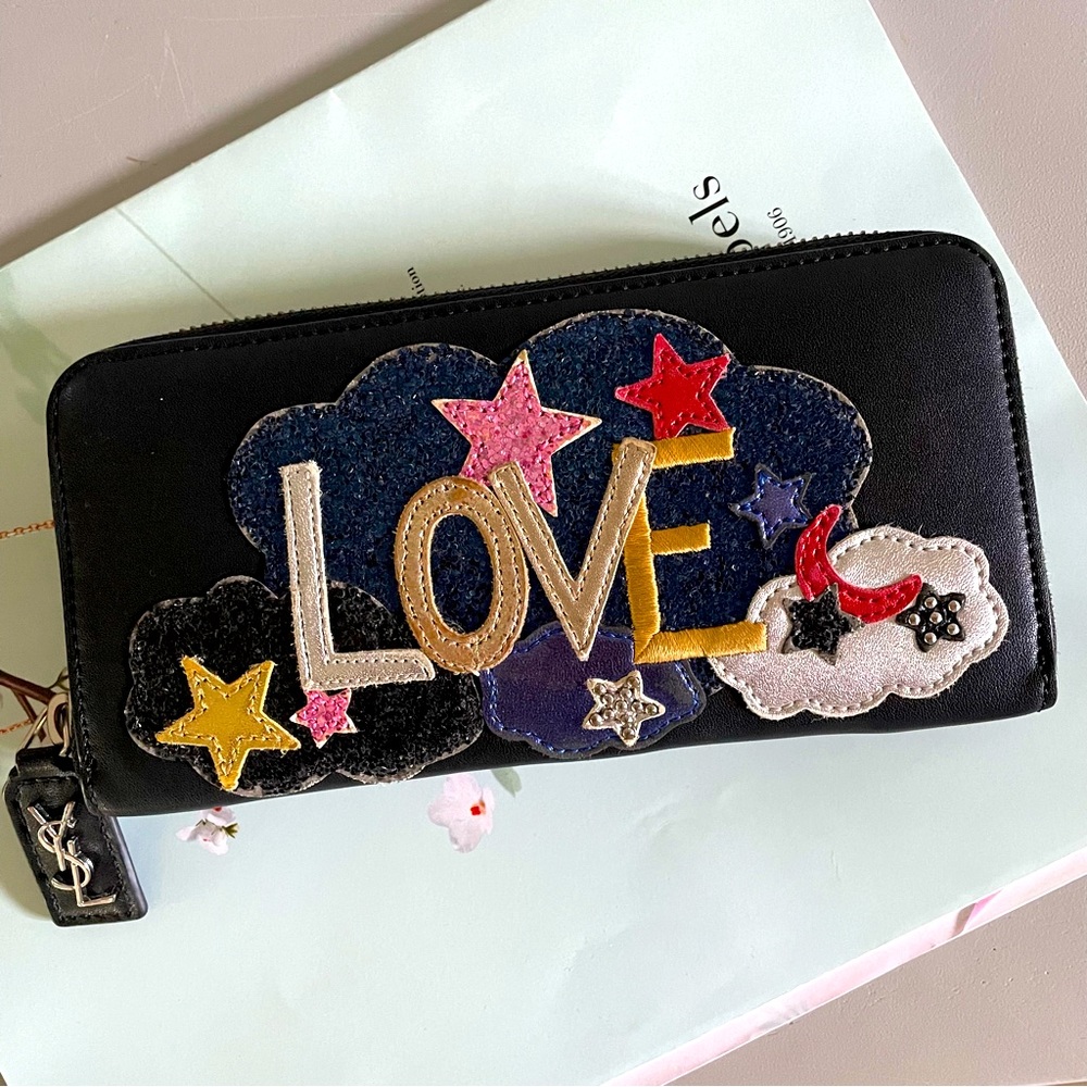 YSL Love Patch Black Leather Zip Around Wallet